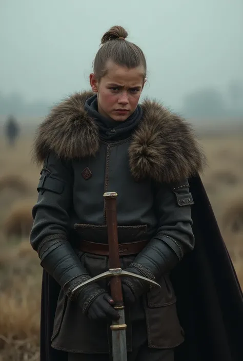 Creer une image dun jeune adolescent (15 ans) couvert dune armure viking en tissu et peau danimaux, il est a genoux, les mains contre sa poitrine, il pleure et hurle. Il se trouve sur un champ darmée mais tous les soldats sont partis, le décor est triste e...