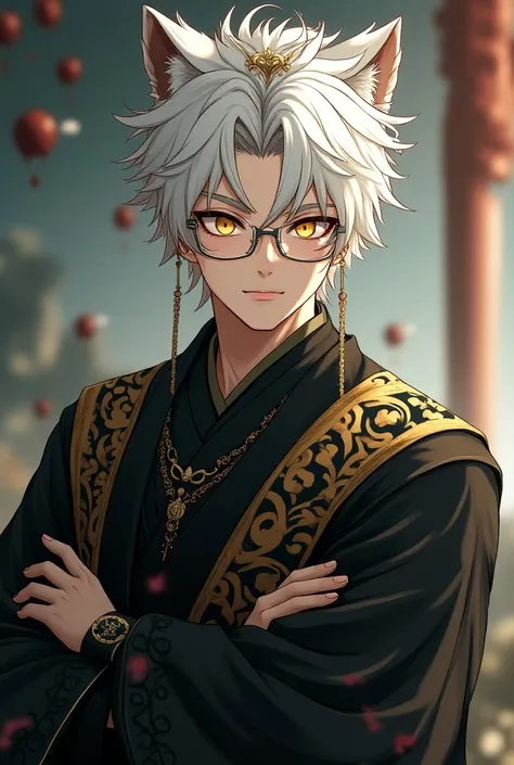 Men with white hair, black Sam, handsome face, yellow eyes, Chinese dress, wearing glasses, white tiger ears, white tiara, anime