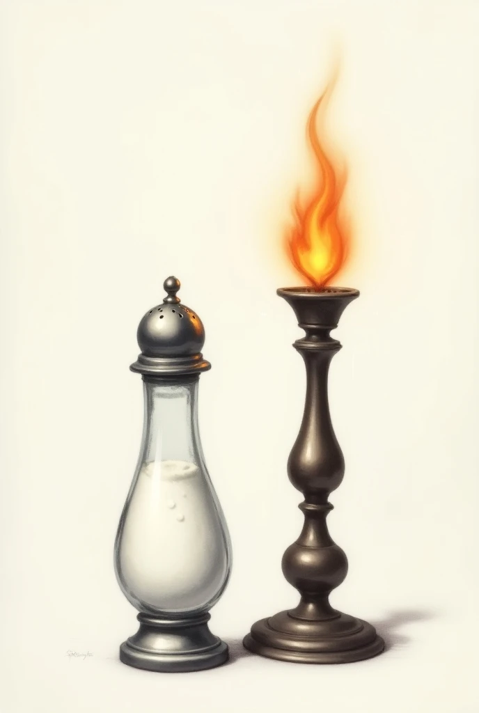 Salt shaker and fire lamp together half and half drawing