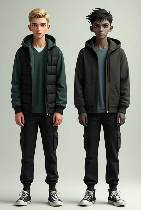  Create a realistic full-body image of a 15-year-old boy from a,70 tall athletic body he has a double personality a good and a bad personality ,  in the good personality your skin and fair blue eyes short blonde hair your clothes are a dark green V-neck sh...