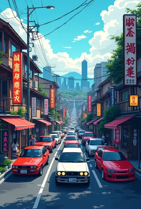 Create an image of a small Japanese city with JDM cars in 16 format animation:9
