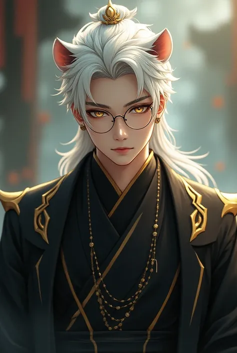 Men with white hair, black Sam, handsome face, yellow eyes, Chinese dress, wearing glasses, white tiger ears, white tiara, anime