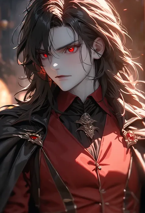 (solo), Dracula, masculine, black hair, messy hair, mane hair, long hair, dense hair, wild hair, expressive hair, mature,(25 year old), pale skin, red eyes, ((man)), wearing black suit, red shirt, vampire, serious, armored cape, somewhat of a beard, handso...