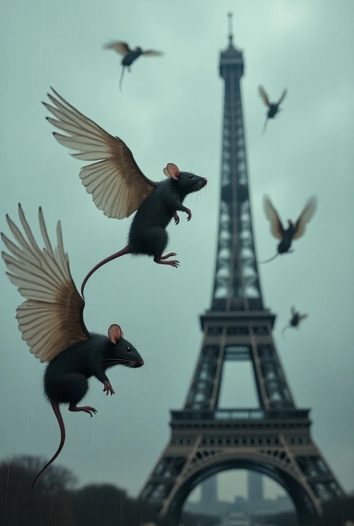 RATS FLYING IN THE RAIN IN FRONT OF THE EIFEL TOWER