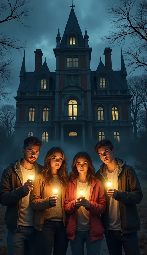 A group of four friends standing in front of the mansion, looking both curious and scared, with flashlights in hand