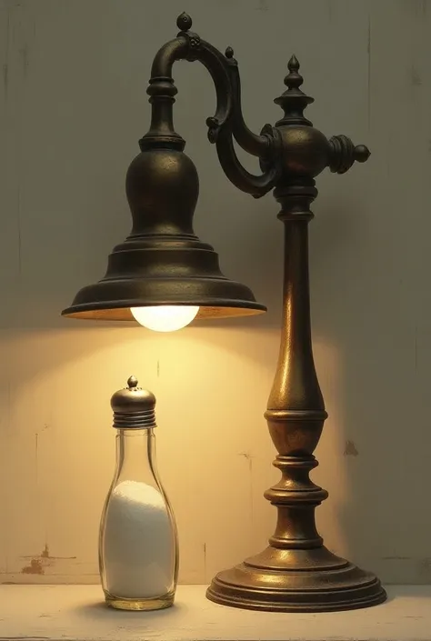 Old lamp shining together with a salt shaker half and half drawing