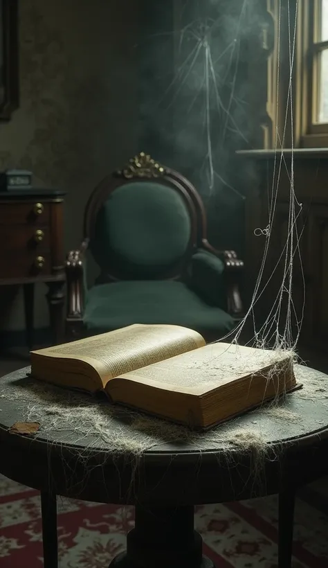 An old, dusty room filled with antique furniture, where an ancient book lies on a table covered in cobwebs.