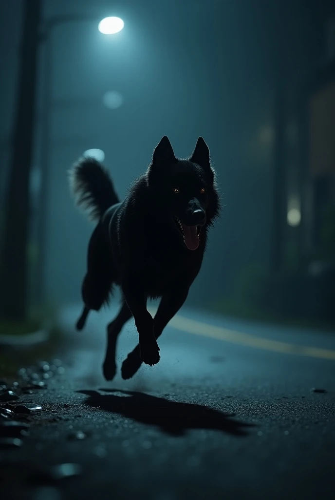 A dog runs on dark roads
