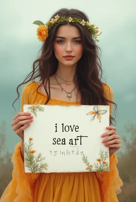  Beautiful girl with long wavy hair, bohemian dress,  can be seen holding a white board with the text "I Love Seaart Infinity" and showing it to the viewer