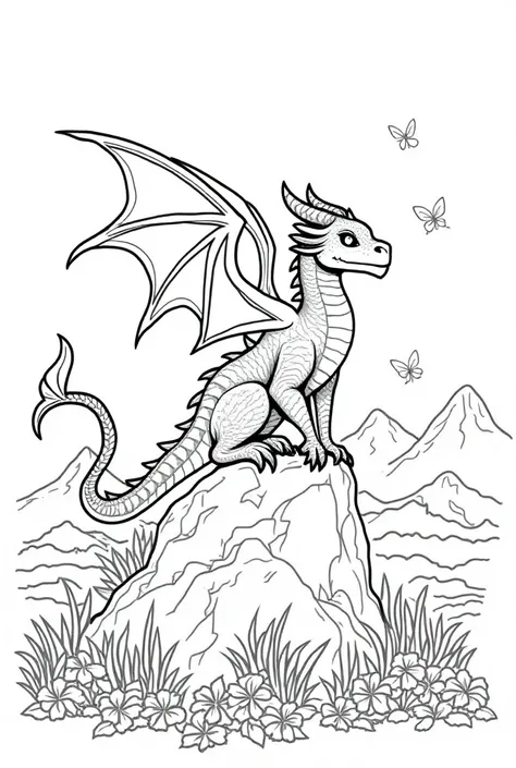 Create a coloring page featuring a majestic dragon perched on a rocky outcrop. The dragon should have intricate scales, large wings folded behind it, and a wise expression. Surround the rock with lush greenery, blooming flowers, and perhaps a distant mount...