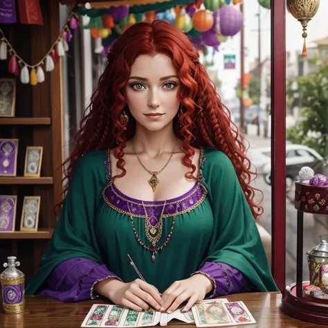  40-year-old woman in gypsy clothes , curly red hair, purple clothes, gypsy decorations on clothes ,  green eyes reading tarot looking directly at the viewer,  background of a card reading store 