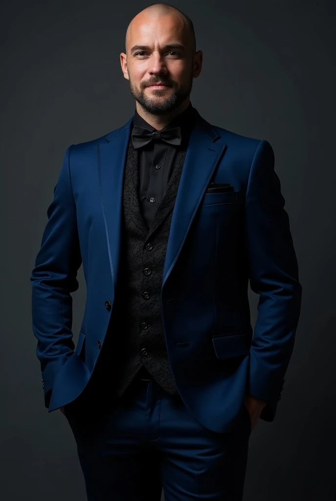 Create a suit that is predominantly blue and black ,  and your garments are a blazer and the full body is lined with black lace
