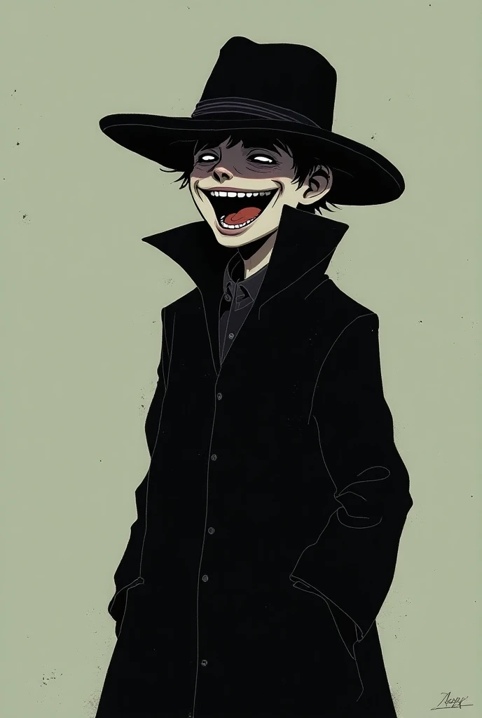  boy in a black coat and hat laughing madly at sadness and madness,with his eyes covered comic version 