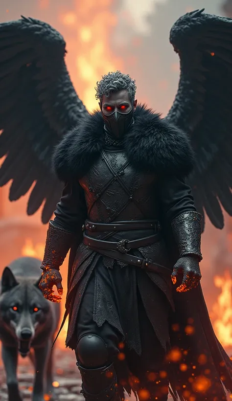 a fallen angel man, short curly hair, gray skin, fur armor, black fur, metal mask, medieval helmet, large black wings, darkness powers in hand, glowing red eyes, standing in front of a castle in flames with a wolf, digital art, dark fantasy, dramatic light...