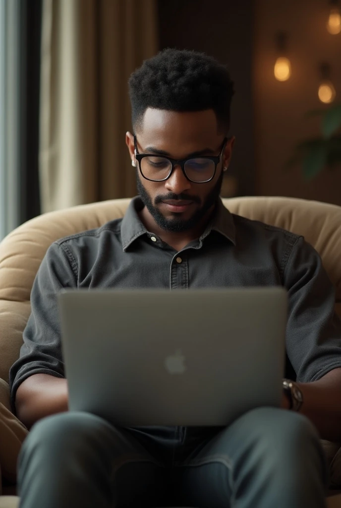 27-year-old dark-skinned ,  black eyes ,  short beard and glasses sitting on a sofa with a laptop