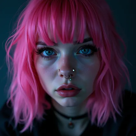 woman with pink hair and piercings, suffering, sadness, tears, color photography portrait 4k, True-to-life color photography, 🤤 portrait of a girl, color portrait, Brandon Woelfel, glowing pink face, cyberpunk style ， hyperrealistic,  realistic face with d...