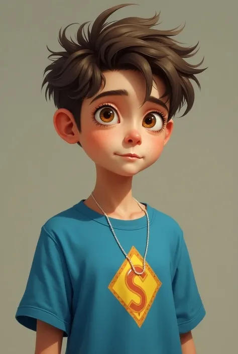 Create an image of a human boy  of approximately  who has fair skin, with slanted eyes, messy hair, short, brown hair, with a blue shirt,  with the symbol of an S inside another symbol that looks like a diamond filled in the color yellow and the S is salmo...