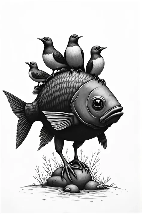 Generate a black and white drawing of a fish with birds on its head