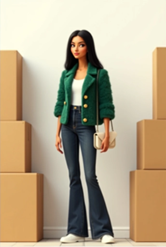 Woman 30 years , very long straight parted in the middle black hair, wearing high rise tight dark bootcut very long jeans with white top under emerald green short fuzzy gold button round collar jacket. With  off white small YSL envelope purse with gold cha...