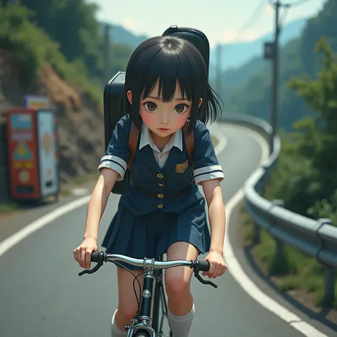 a girl riding a bicycle up a steep hill, wearing a school uniform, carrying a guitar on her back, focused expression, guard rail, vending machine in the background, photo-realistic, professional photography, 1girl, school uniform, bicycle, guitar, steep hi...