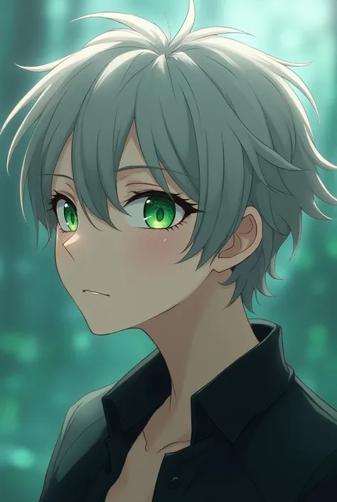 Make an anime character with gray hair and green eyes man

