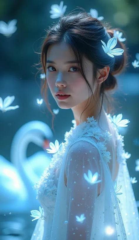 The image Distance image, fantasy, sitting beautiful princess, beautiful eyes, beautiful face, beautiful lips, 20yo, magical glowing flowers light, wearing white sparkles long cloak flower the female body consists of white light particles, the female body ...