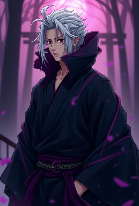 White hair samurai hat, black clothes and purple details looking at the camera, masculine / anime 2d / icon / purple and black background