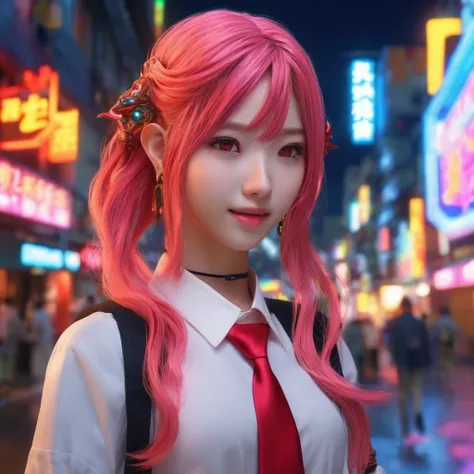 1girl, long pink hair, red horns, white collared shirt, black necktie, light smile, yellow eyes, corneo_power,, buildings,shops,town streets, dark sky, scenery,neon signs,night city, japanese lyrics,, , absurdres, detailed eyes, extremely detailed, volumet...