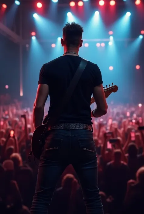 8K Portrait (full body), Photo realistic,  Realistic skin texture ,  super realistic illustration of a man with his back on a stage in front of him many cell phone lights on his flashlights, Audience from the front, concert venue ,  high resolution photogr...