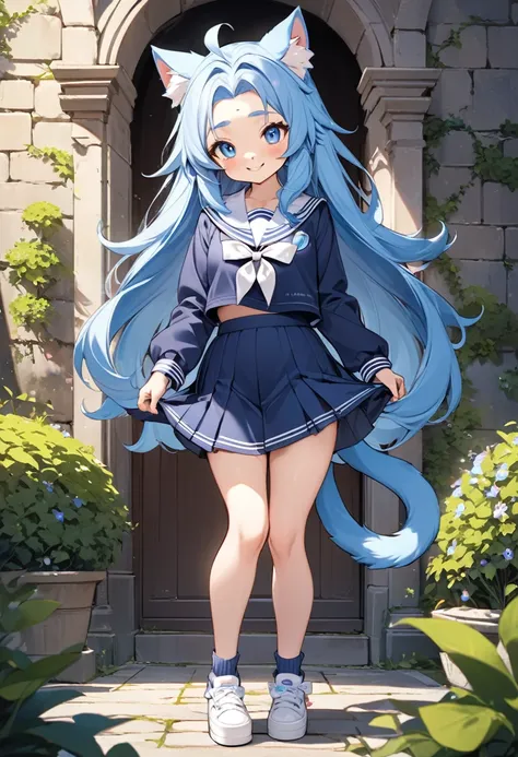 (cute illustration), (full body fur style), solo:2, (beautiful and cute), ((best delicate forehead)) (beautiful blue hair detailed long hair) (best cute furry cat girl is age 15), (best cute blue cat eyes), (best love smile), (cute furry cat face), (small ...