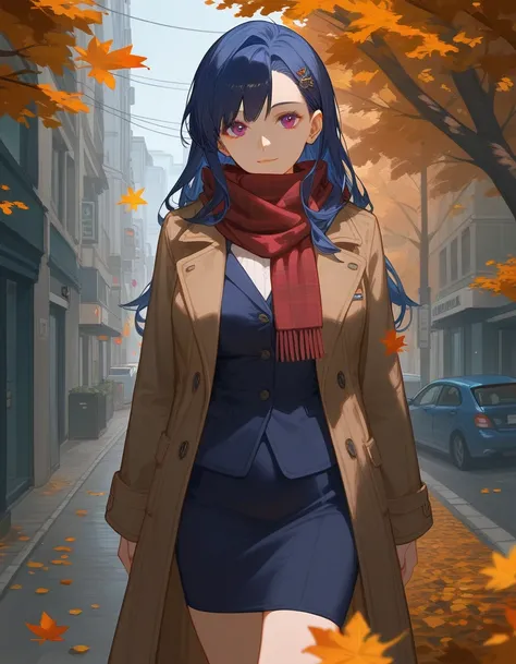  score_9_up,score_8_up, female, milf, solo, dark blue hair, long hair, scarf, violet, looking at viewer, autumn, hairpin, coat, scarf, skirt, street, pose, 