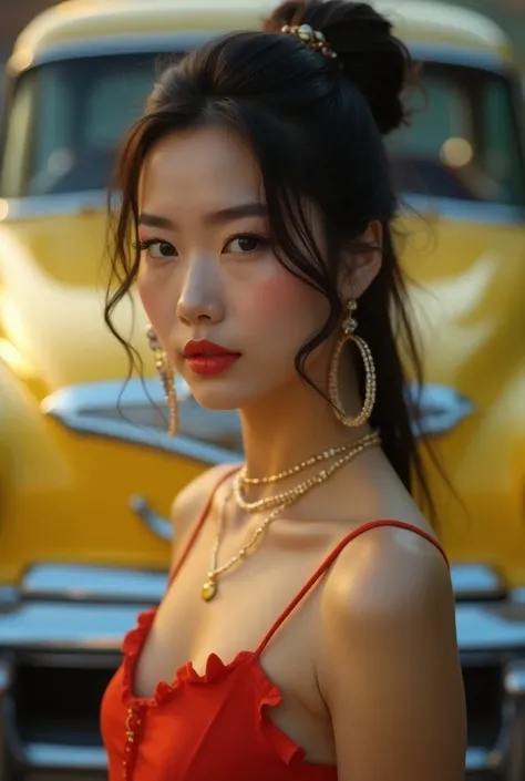 closeup portrait of Beautiful japaneese woman, in Rockabilly Aesthetic, stands in front of vintage car shows, lively and energetic atmosphere, sense of youthful exuberance and rebellion, beautiful, elegant, high contrast lighting, with high detail, profess...