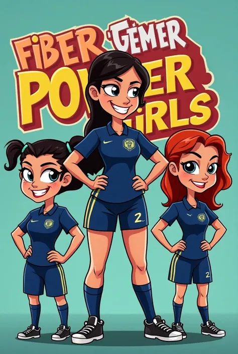  The image presents three women in a style inspired by  "The Powerpuff Girls",  all wearing dark blue uniforms that recreate Tell the Grêmio . 40-year-old woman:  She has black skin and short braids ,  with a cheerful expression and a wide smile .  Her eye...