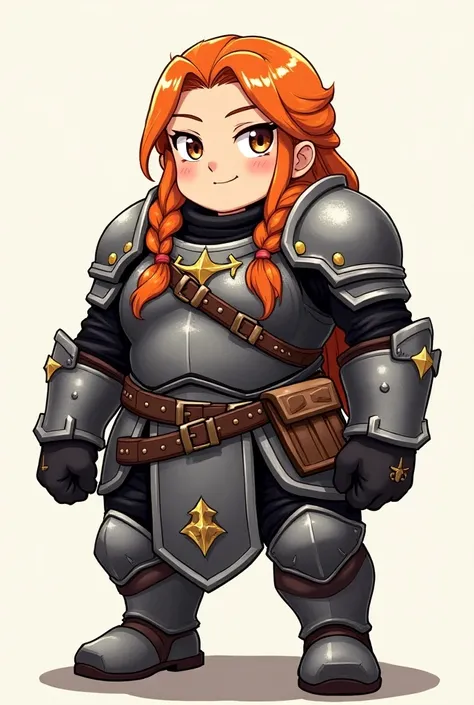 Full body, subject in semi-profile, 1 dwarf, woman, two braids, brunette, round nose, big mouth, brown eyes, orange hair, confident, slight smile, RPG armor, metal armor, masterpiece armor, anime style, simple drawing, line drawing, anime, no background, n...