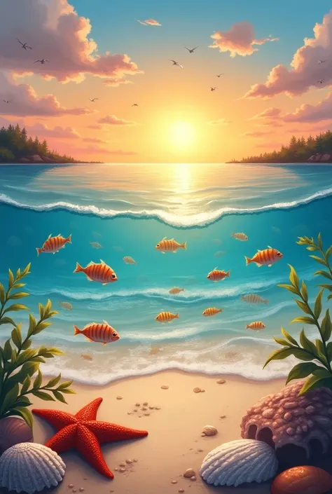  painted by the sea. beach .Fish. starfish .Seashell . sunset landscape 
