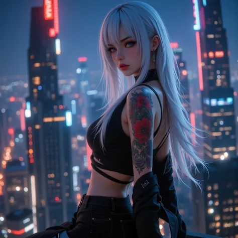 cyberpunk girl , Long straight white hair,  Red Lips , shirt, Tight, Closure , Tattoos , stand, skirt, skirtพลีท,  Skyline of Tall Buildings, Top of the building, nighttime, city, Wide angle view, Look at the side, Dark tone,  optical difference, intensive...