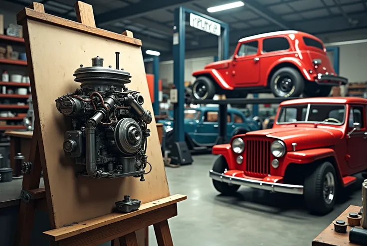  a mechanical workshop where you can see an unarmed engine on an easel with tools in the background and on the sides. And on the side that you see a classic car, a red jeep where ,  is being painted on a hydraulic lift, also that you can see in the backgro...