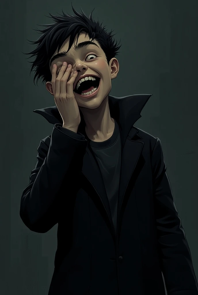  boy in a black villains coat laughing wildly at sadness and madness,With his eyes covered with his hand in the dark of the night comic version 