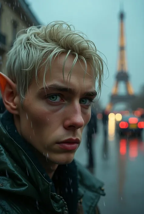 A torrential downpour envelops the Place de la Concorde, with cars splashing through puddles, while the Eiffel Tower fades into the misty distance. The camera captures the elfs face in sharp focus, his silver-blond hair rain-soaked and slicked against his ...