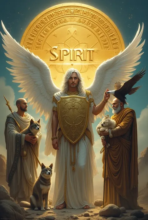 На фоне огромного goldго круглого щита, the shield has a word written in a circle =**SPIRIT**=: gold, sword in sumeria - symbols of power, strength and protection. Male angel with white wings, with blue eyes, With shield, with a spear, a cat next to a man ...