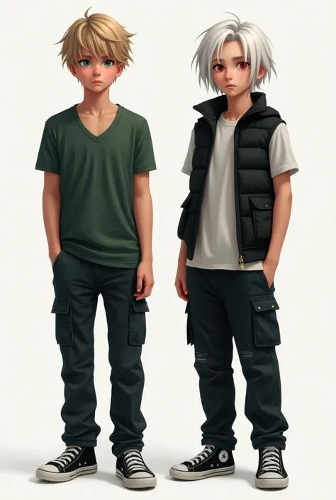 Create a realistic full-body image of a 15-year-old teenager from 1,70 tall athletic body he has a double personality a good and a bad personality , In a good personality your skin is fair green eyes short blonde hair your clothes are a dark green short sl...