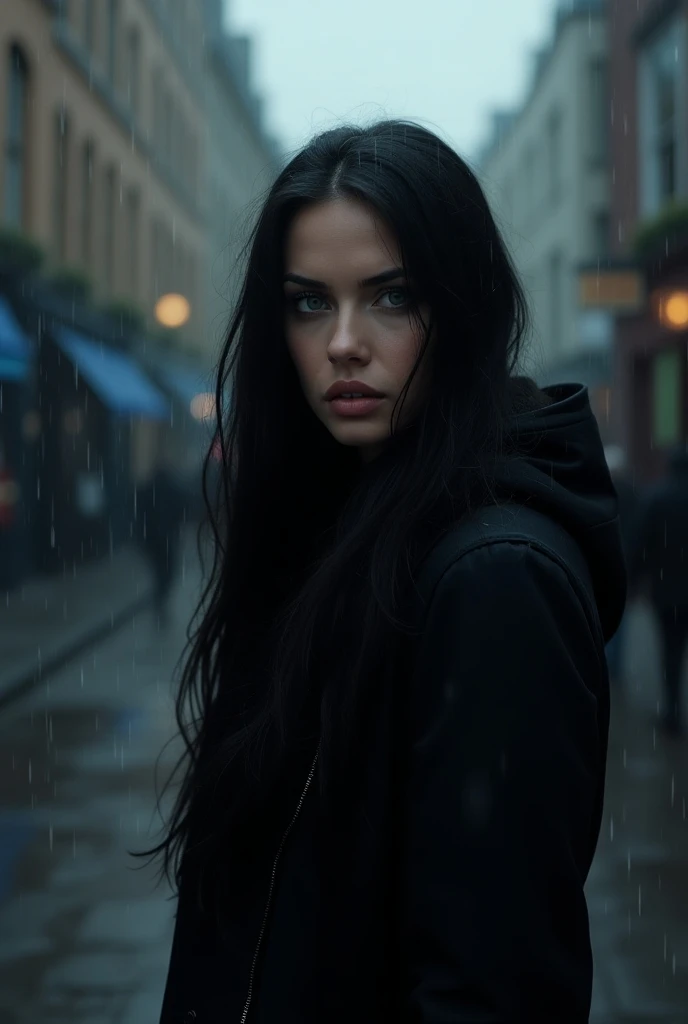 woman with long black hair, sapphire blue eyes,  walking around the city in Scotland. Rainy weather around 