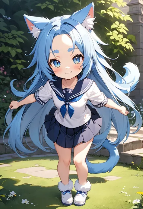 (immensely beautiful illustration), ((full body cat fur style)), solo:2, (beautiful and cute), ((best delicate forehead)) (beautiful blue hair detailed long hair) (best cute furry cat girl is age 15), (best cute blue cat eyes), (best love smile), ((cute fu...