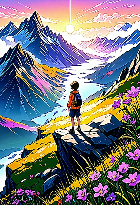 a young boy standing on a rocky cliff overlooking a breathtaking mountain landscape at sunrise, vibrant orange pink and purple sky, golden light on rugged peaks, lush greenery and wildflowers, sense of wonder and adventure, 4k, hyper detailed, photorealist...