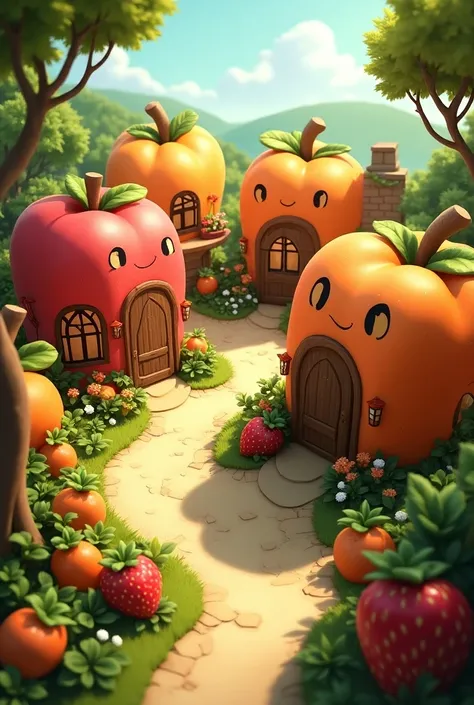 Create a small, cozy village where each building is made from a single piece of fruit or vegetable. The houses are shaped like round, realistic apples, strawberries, and oranges, with natural textures, bright colors, and stems or leaves forming roofs or ch...