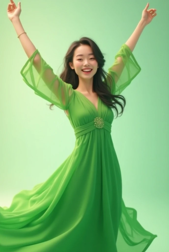 Asian girl wearing a green dress is raising her arms and smiling