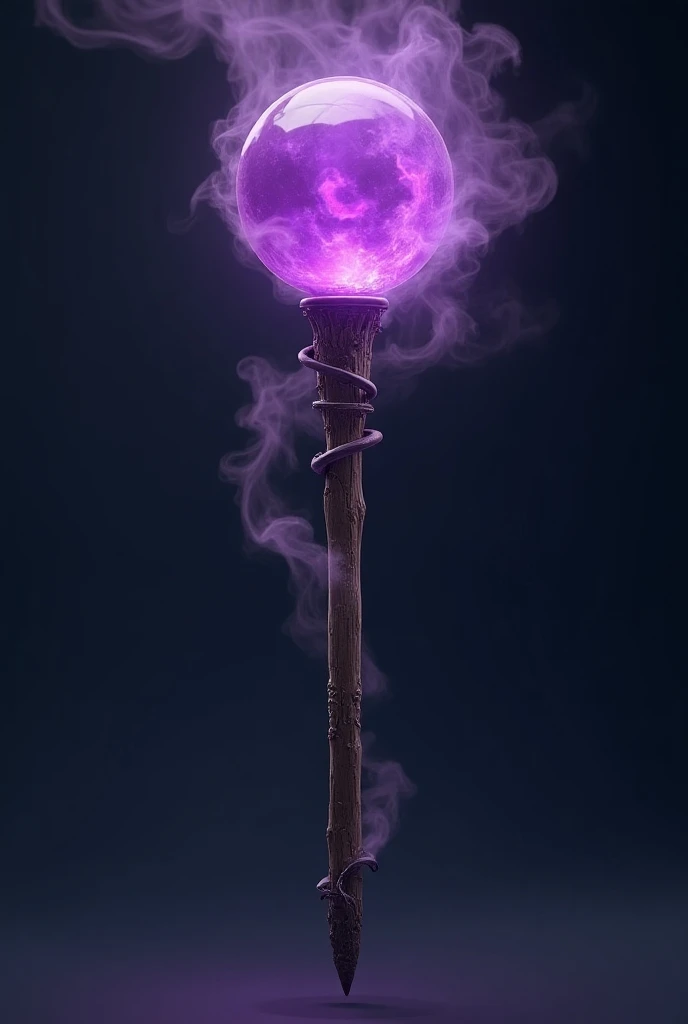 create an image of a mystical scepter floating in the air ,  this scepter is made of wood and has a purple sphere on the top and purple smoke comes out of this sphere.