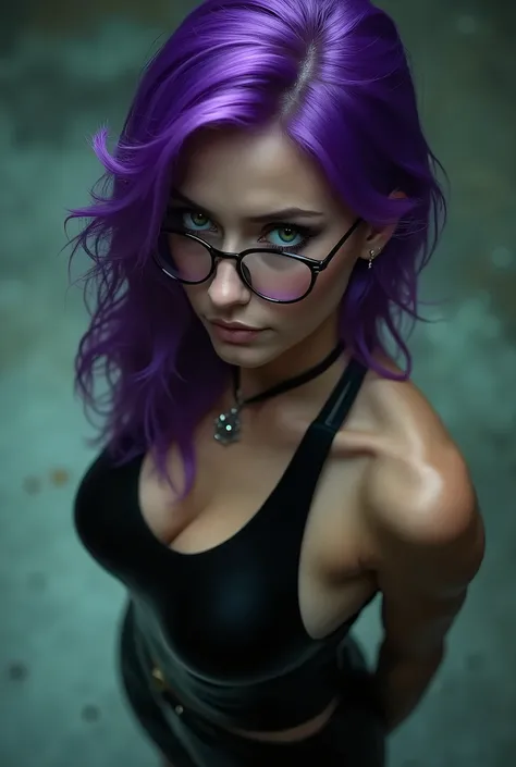 sexy girl, purple hair, bright green eyes, big , Wide, top view, latex dress, glasses with thick black frames and large circular lenses.