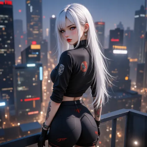 Full body photo, cyberpunk girl , Pure white hair, Long hair,Straight hair,  Red Lips , shirt, Tight, Closure , Tattoos , stand, skirt, skirtพลีท,  Skyline of Tall Buildings, Top of the building, nighttime, city, High angle view, Look at the side, Dark ton...