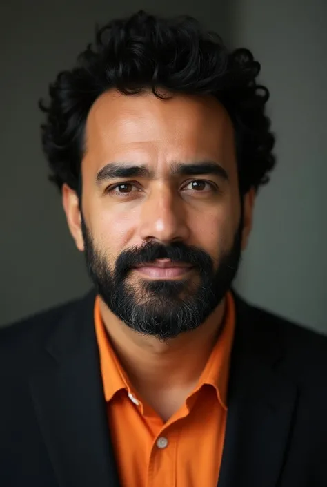 Passport-type HD photo of a 45-year-old Guatemalan man,  with light brown skin, black curly hair,  brown eyes, square face, with full beard , serious expression. Wearing a black suit and an orange shirt.